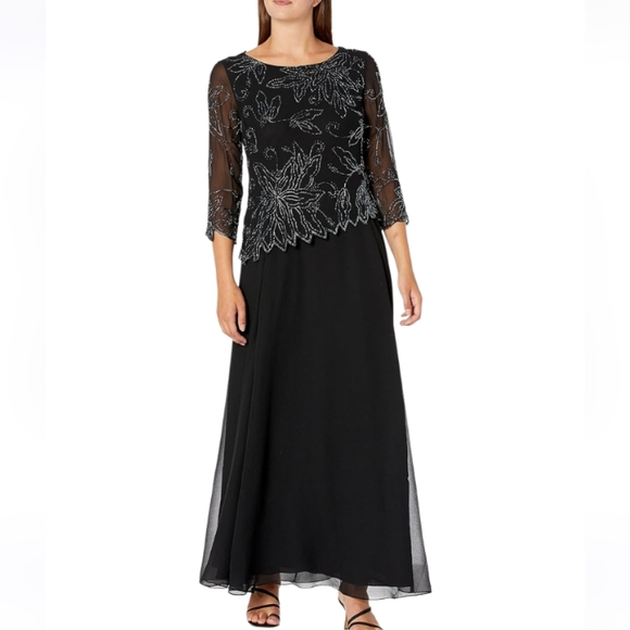 NWT J Kara Beautiful Embroidered Chiffon With Beads Evening,Party Long Dress 8P - Picture 1 of 17
